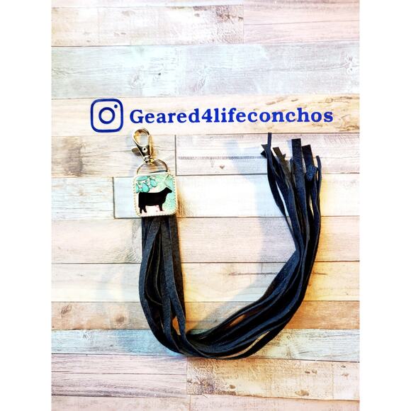 Handmade cow lover boho Leather Fringe Western bag charm, Long fringe keychain - Picture 1 of 3